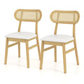 Set of 2 Mid Century Dining Chairs, Natural Rubber Wood with Oval Rattan Back and White Faux Leather Seat