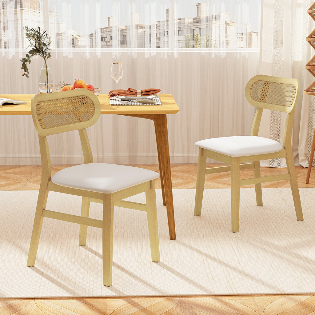 Set of 2 Mid Century Dining Chairs, Natural Rubber Wood with Oval Rattan Back and White Faux Leather Seat