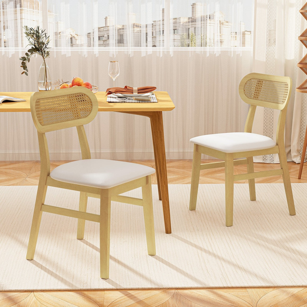 Set of 2 Mid Century Dining Chairs, Natural Rubber Wood with Oval Rattan Back and White Faux Leather Seat