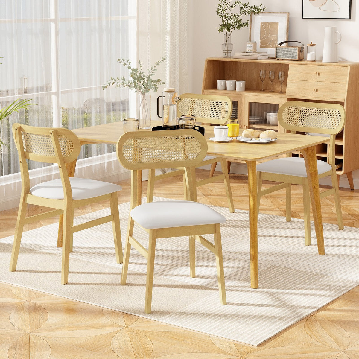 Set of 2 Mid Century Dining Chairs, Natural Rubber Wood with Oval Rattan Back and White Faux Leather Seat