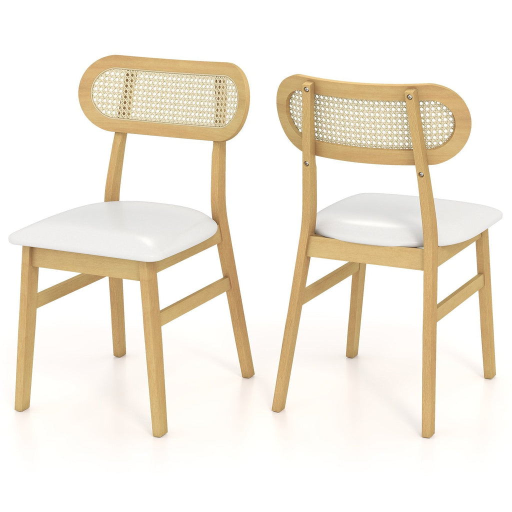 Set of 2 Mid Century Dining Chairs, Natural Rubber Wood with Oval Rattan Back and White Faux Leather Seat