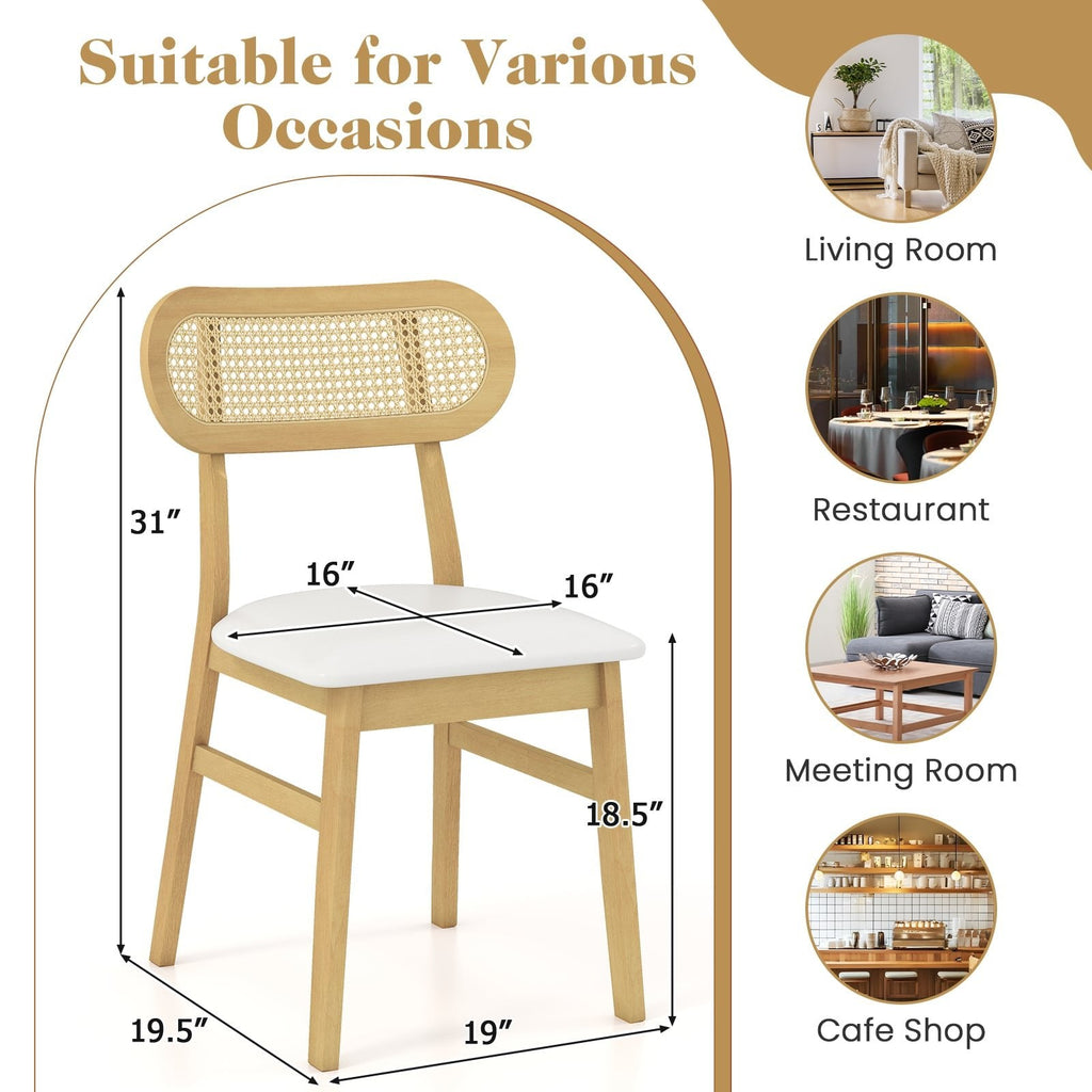 Set of 2 Mid Century Dining Chairs, Natural Rubber Wood with Oval Rattan Back and White Faux Leather Seat