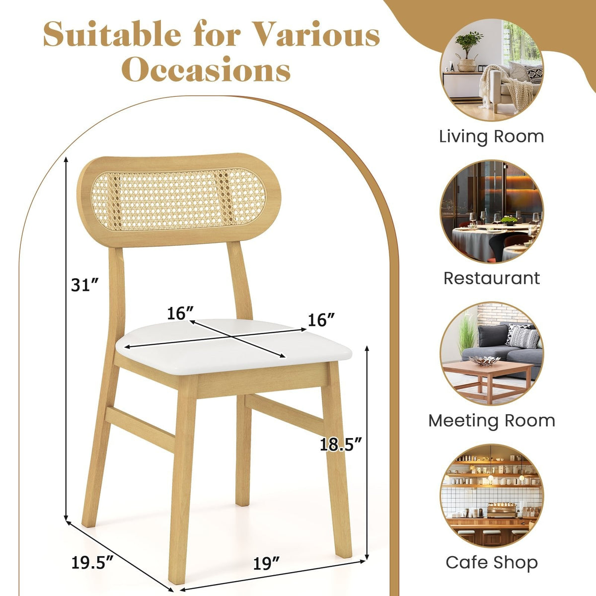 Set of 2 Mid Century Dining Chairs, Natural Rubber Wood with Oval Rattan Back and White Faux Leather Seat