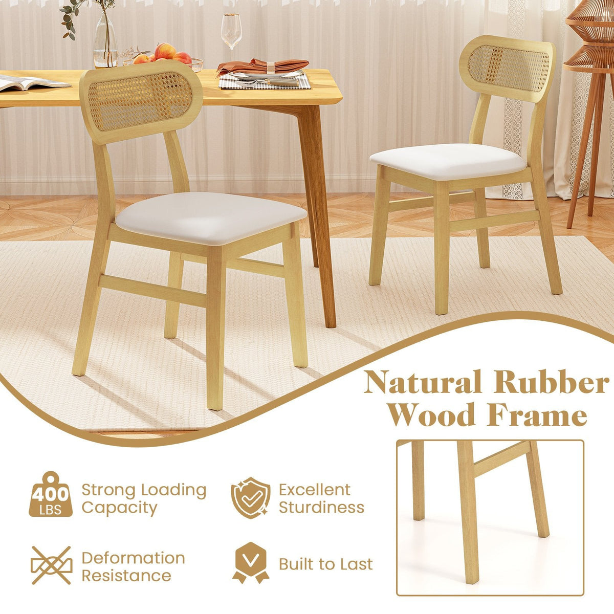 Set of 2 Mid Century Dining Chairs, Natural Rubber Wood with Oval Rattan Back and White Faux Leather Seat