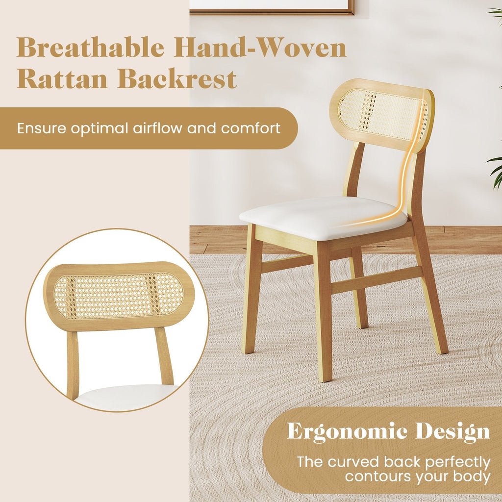Set of 2 Mid Century Dining Chairs, Natural Rubber Wood with Oval Rattan Back and White Faux Leather Seat