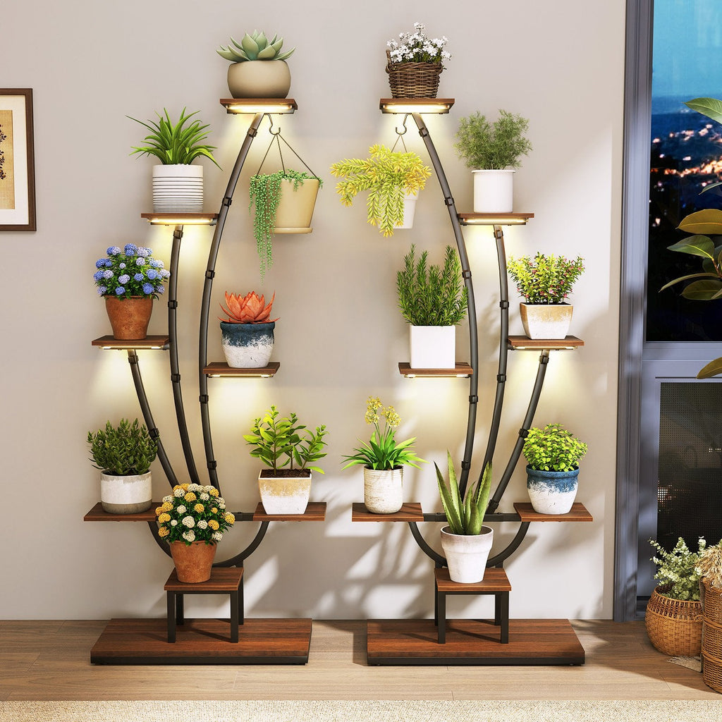 Indoor Plant Stand with Grow Lights Tall 8-Tier Corner Metal Plant Shelf-Set of 2