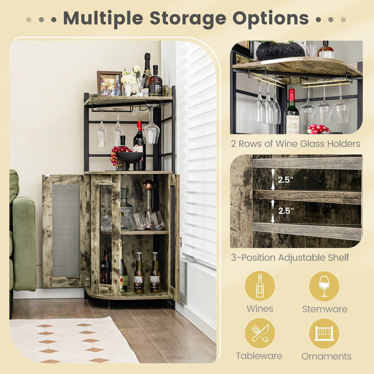 Industrial Corner Bar Cabinet with Glass Holder and Adjustable Shelf-Taupe