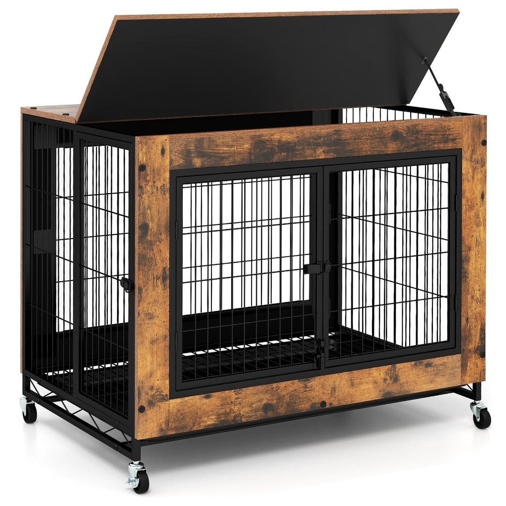 Industrial Dog Kennel with Flip-up Top 3 Lockable Doors and Removable Tray-Rustic Brown