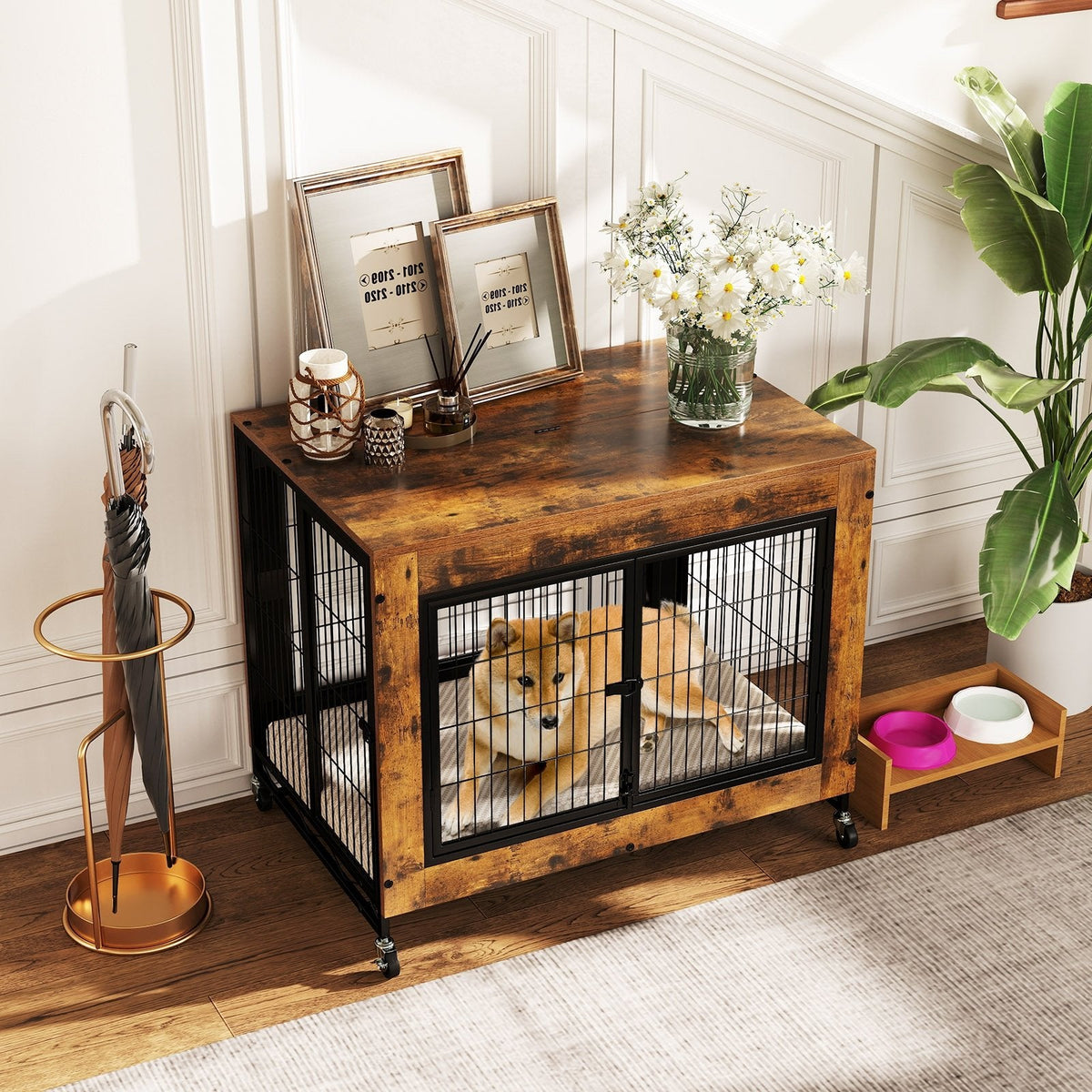 Industrial Dog Kennel with Flip-up Top 3 Lockable Doors and Removable Tray-Rustic Brown