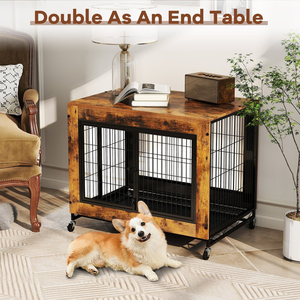 Industrial Dog Kennel with Flip-up Top 3 Lockable Doors and Removable Tray-Rustic Brown