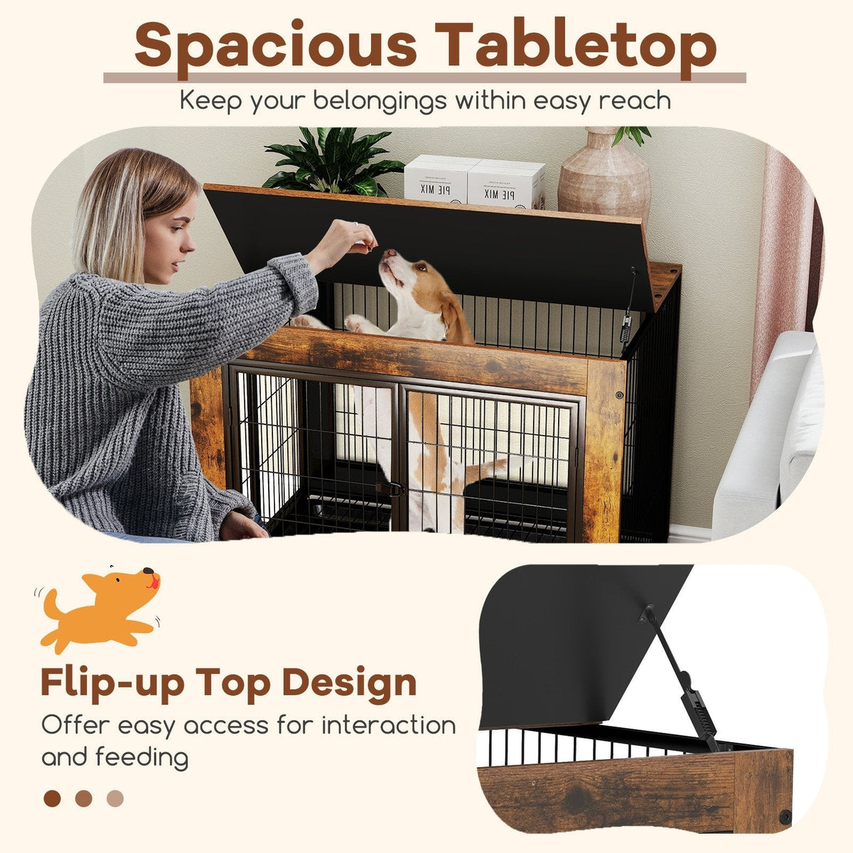 Industrial Dog Kennel with Flip-up Top 3 Lockable Doors and Removable Tray-Rustic Brown