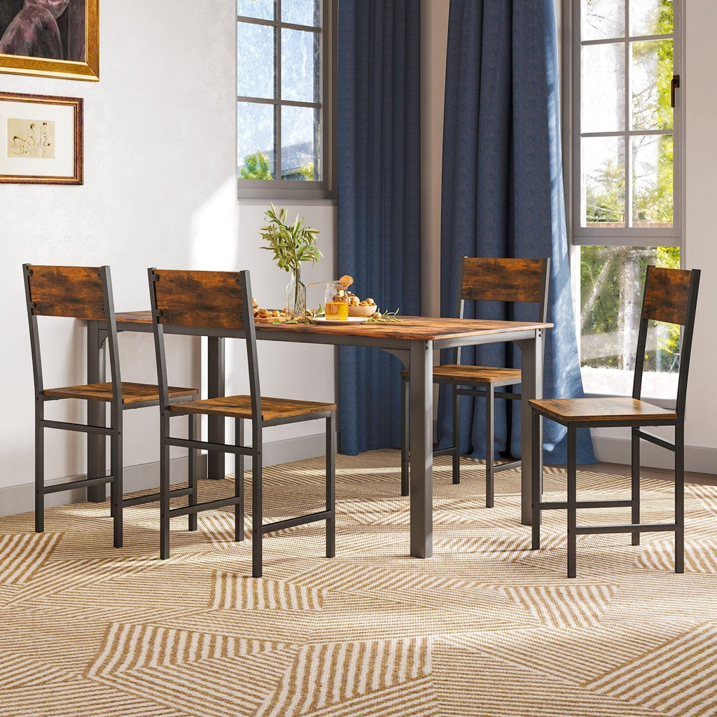 Set of 2 Industrial Dining Chairs, Rustic Brown Wood Grain Seat and Back on Black Metal Frame