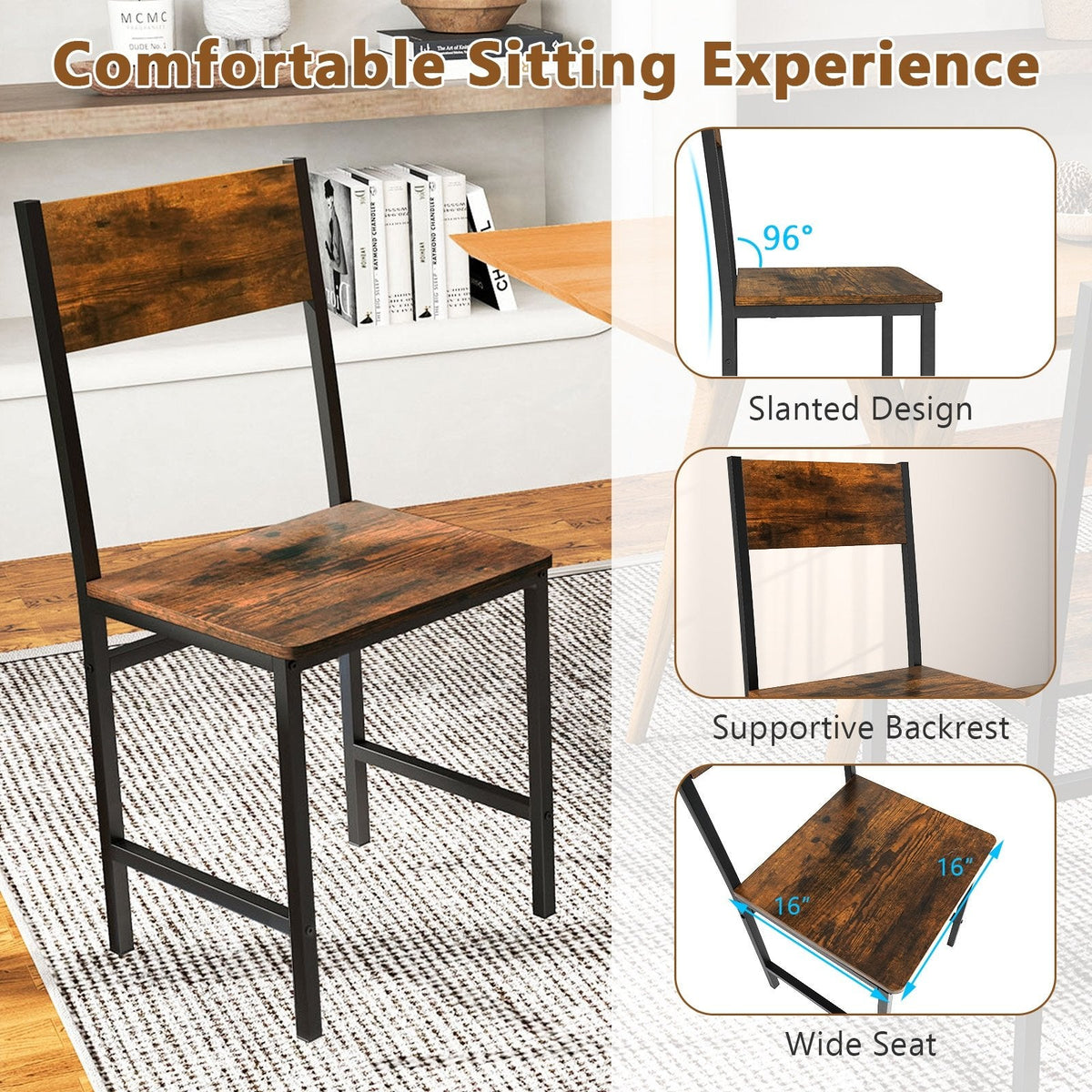 Set of 2 Industrial Dining Chairs, Rustic Brown Wood Grain Seat and Back on Black Metal Frame