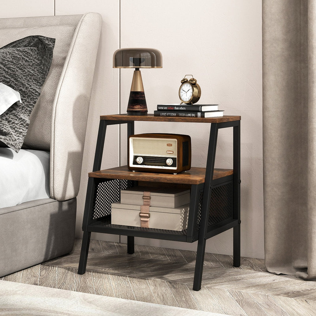 Industrial Nightstand 3-Tier End Table with 2 Open Shelves and Metal Mesh Compartment-Rustic Brown