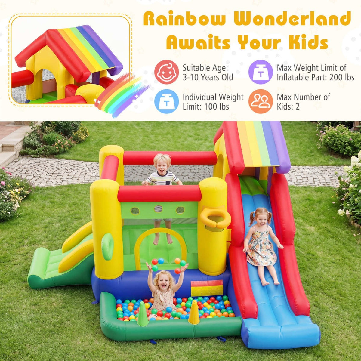 Inflatable Bounce Castle with Double Slides and 735W Blower