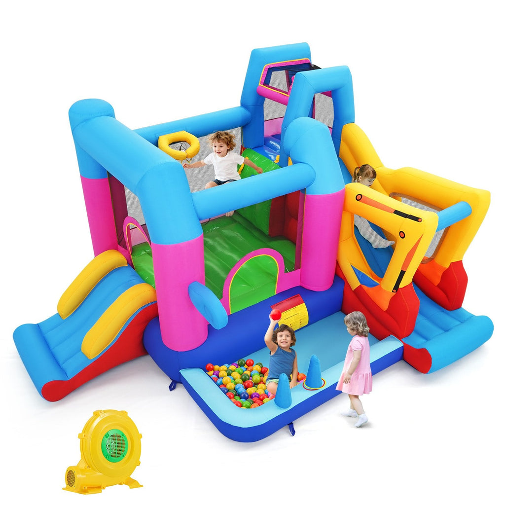 Excavator Themed 8-in-1 Inflatable Bounce House with Ball Pit and 780W Blower
