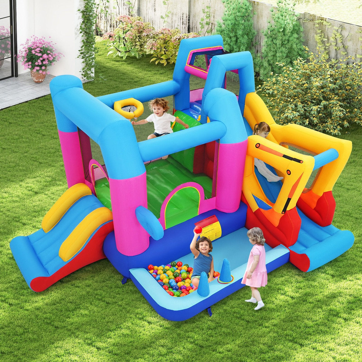 Excavator Themed 8-in-1 Inflatable Bounce House with Ball Pit and 780W Blower