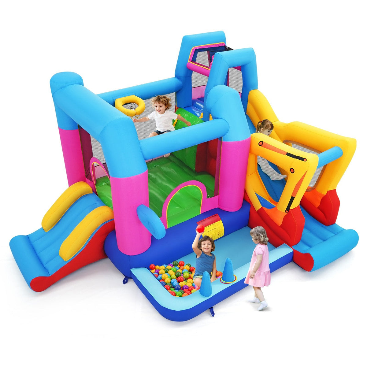 Excavator Themed 8-in-1 Inflatable Bounce House with Ball Pit and 780W Blower