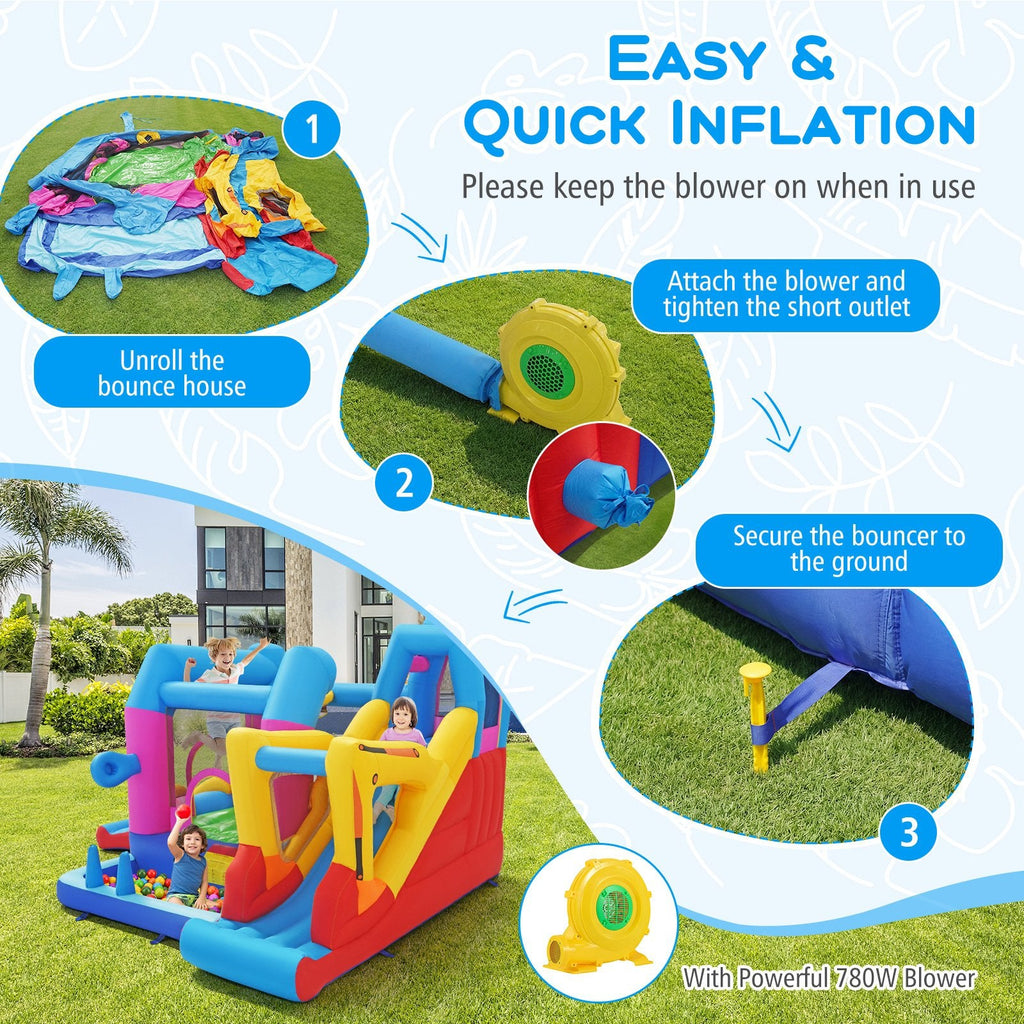 Excavator Themed 8-in-1 Inflatable Bounce House with Ball Pit and 780W Blower
