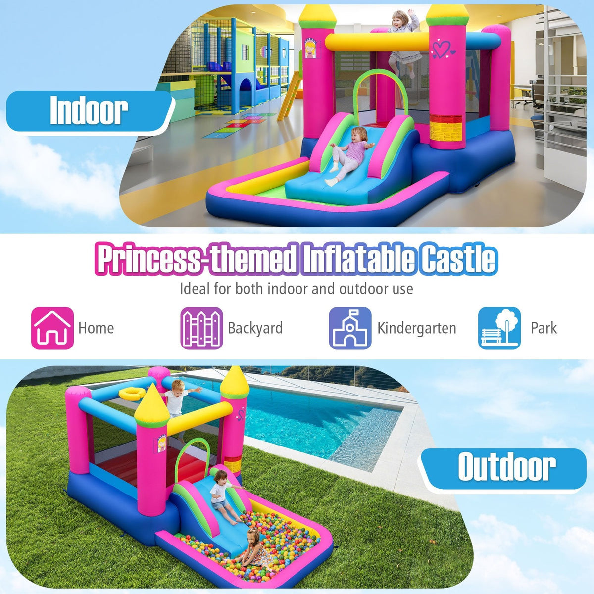 Inflatable Bounce House Cute Princess Bouncy Castle with 520W Blower