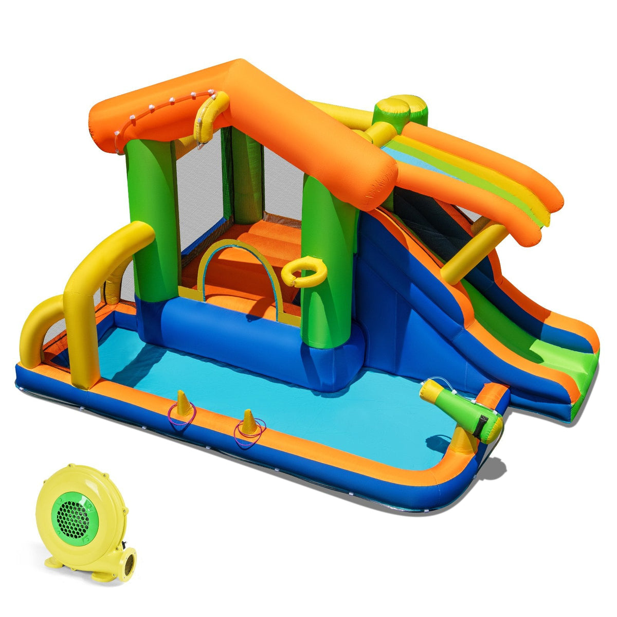 8-in-1 Inflatable Bounce House Water Park with Slide, Ring Toss and 480W Blower, Ages 3 to 12