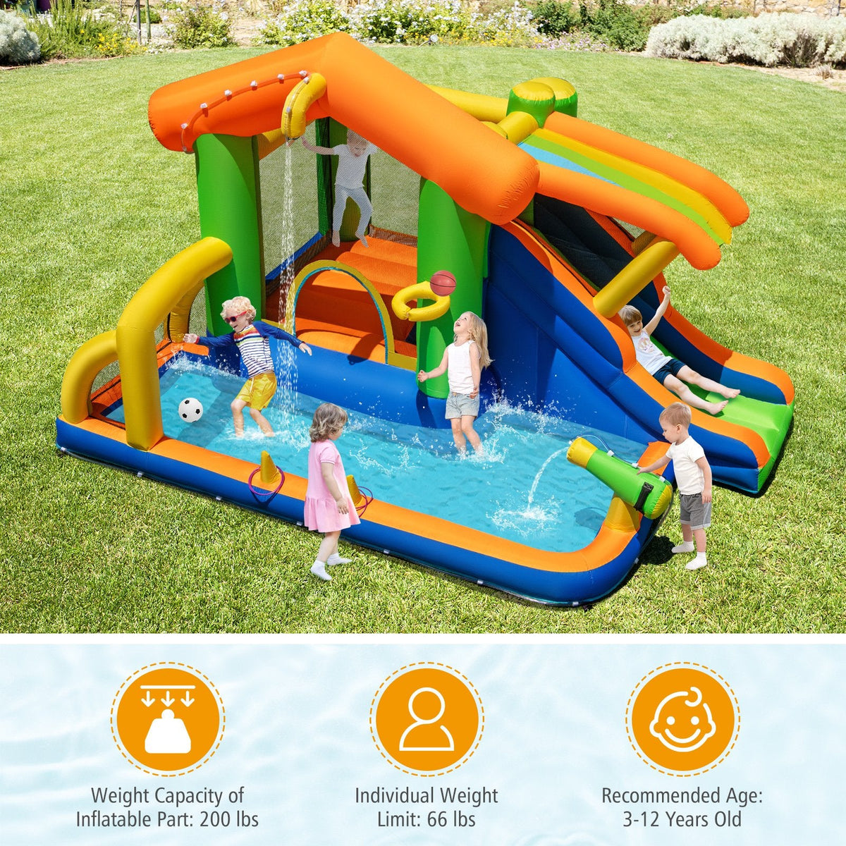 8-in-1 Inflatable Bounce House Water Park with Slide, Ring Toss and 480W Blower, Ages 3 to 12