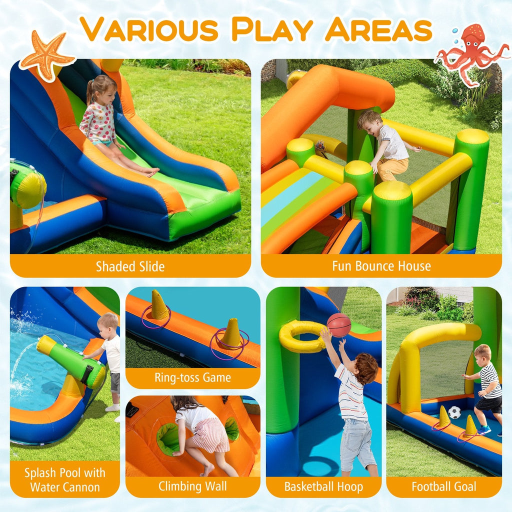 8-in-1 Inflatable Bounce House Water Park with Slide, Ring Toss and 480W Blower, Ages 3 to 12