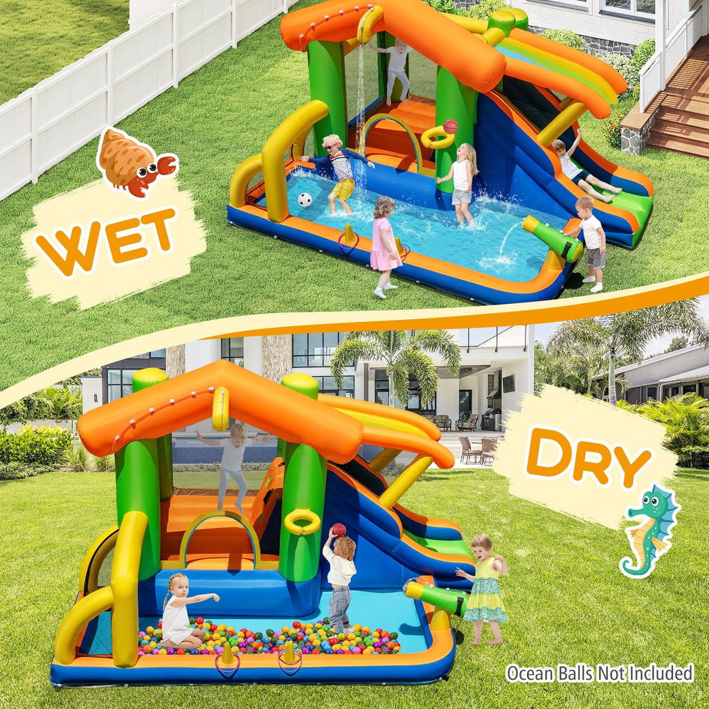 8-in-1 Inflatable Bounce House Water Park with Slide, Ring Toss and 480W Blower, Ages 3 to 12