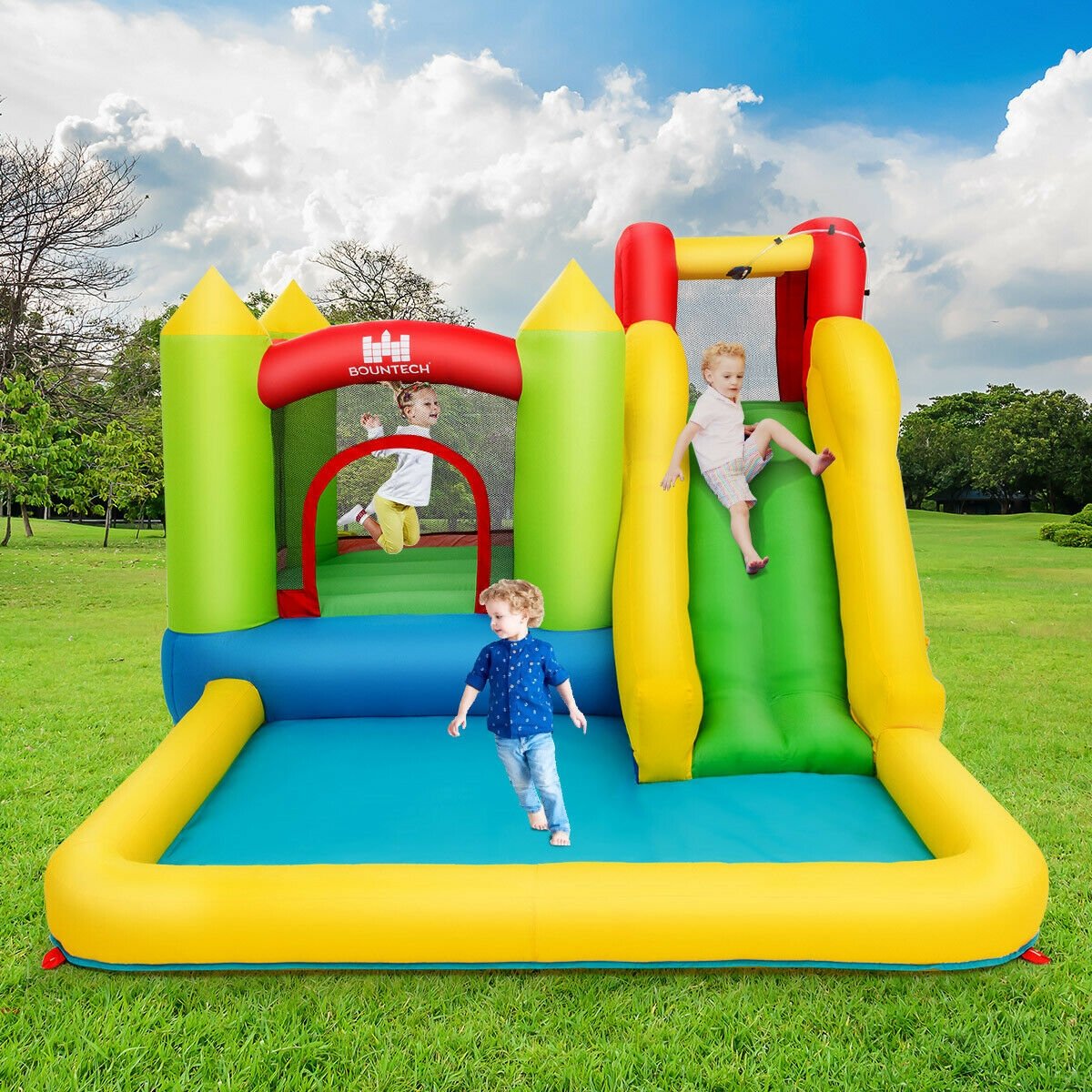 Castle Inflatable Bouncer with Water Slide, Jumping Area and Splash Pool, No Blower