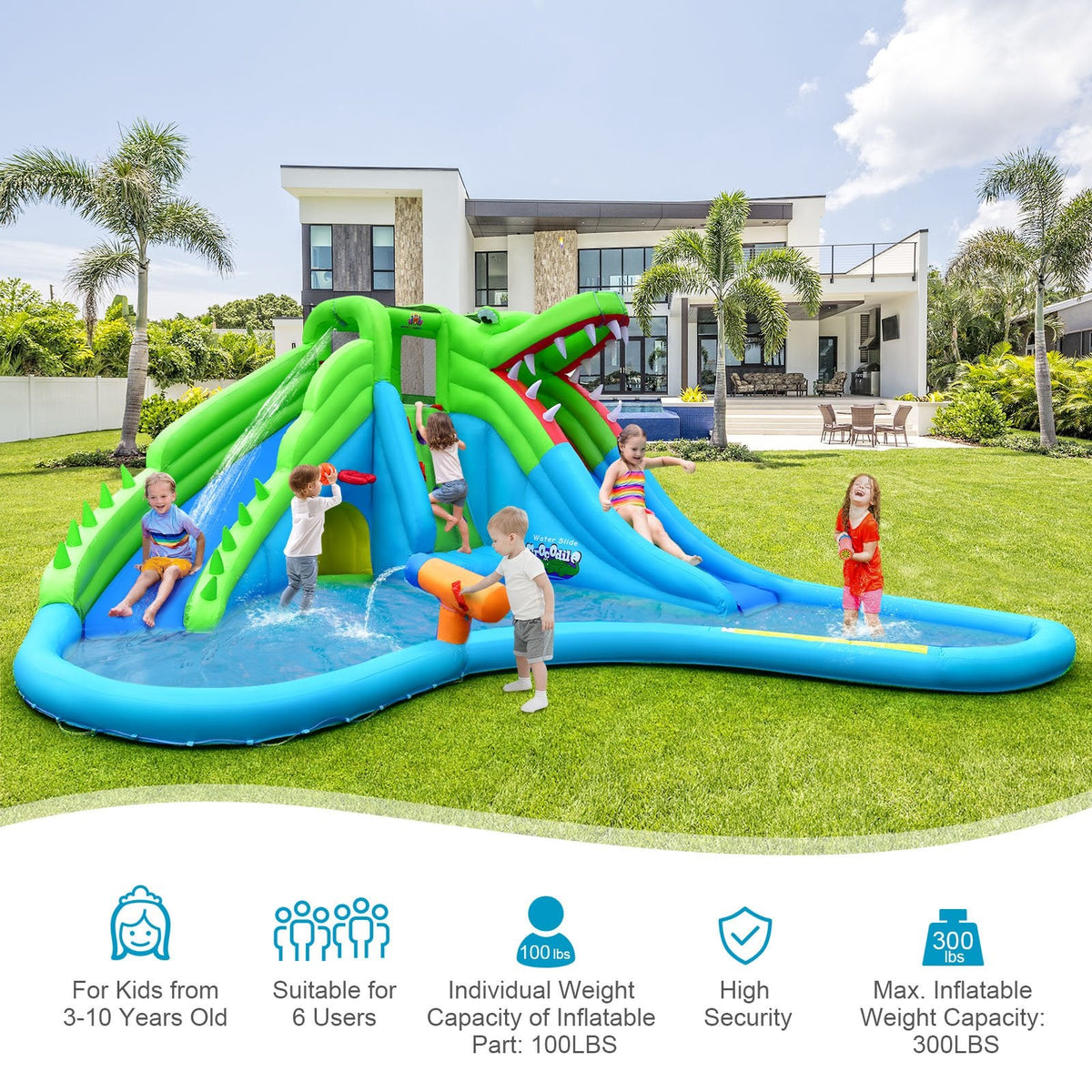 Crocodile Style Inflatable Water Slide Castle with Upgraded Armrests and 750W Blower
