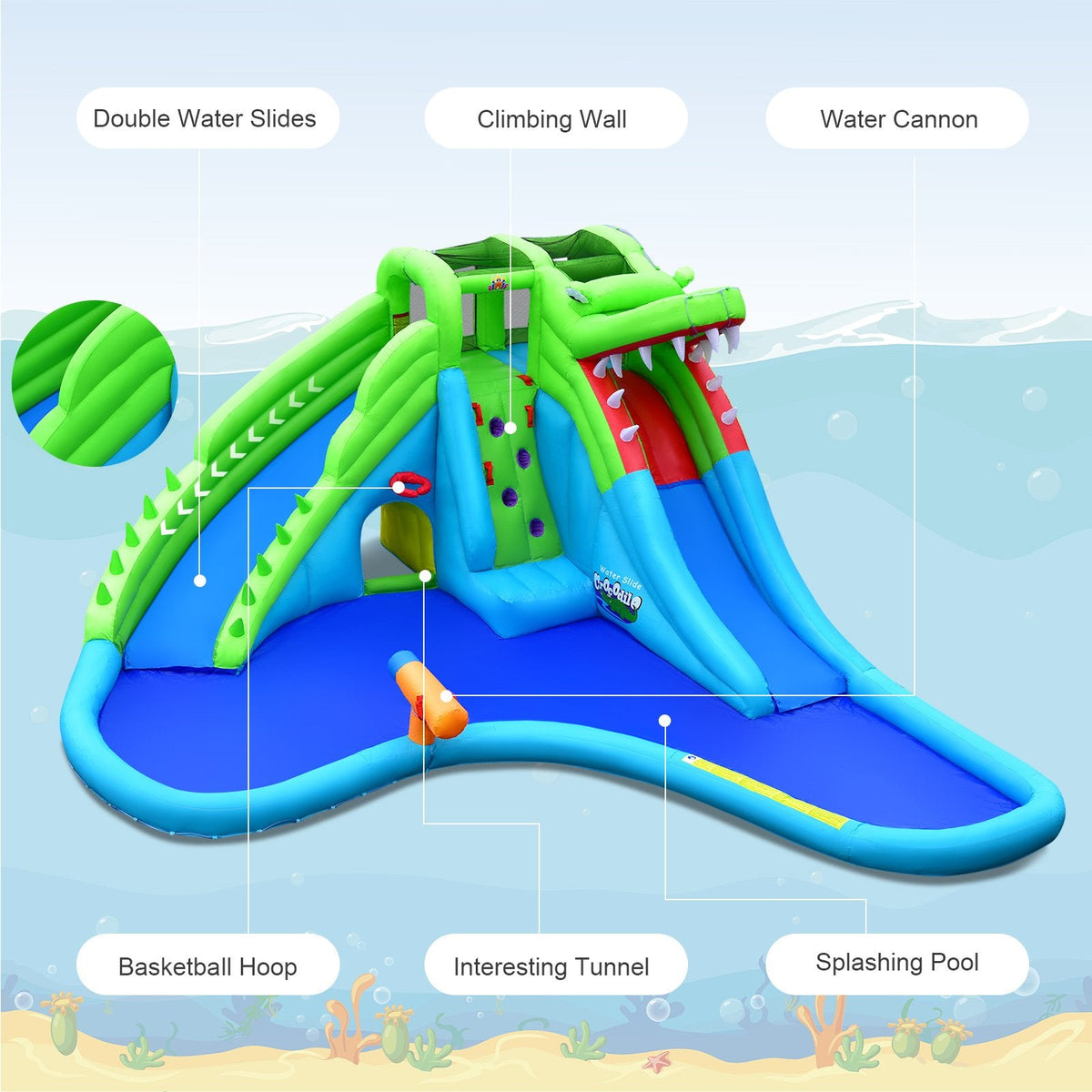 Crocodile Style Inflatable Water Slide Castle with Upgraded Armrests and 750W Blower