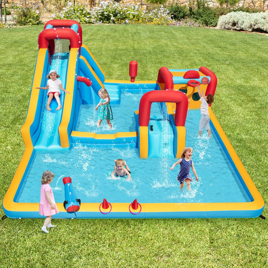 Giant Inflatable Water Park with Boxing Post, Climbing Wall and 680W Blower, Ages 3 to 12