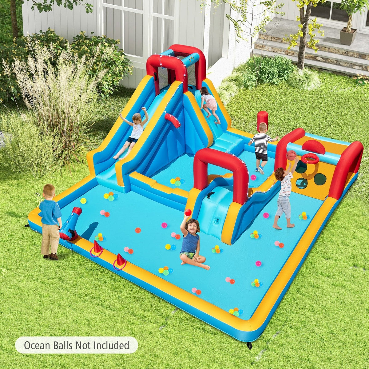 Giant Inflatable Water Park with Boxing Post, Climbing Wall and 680W Blower, Ages 3 to 12