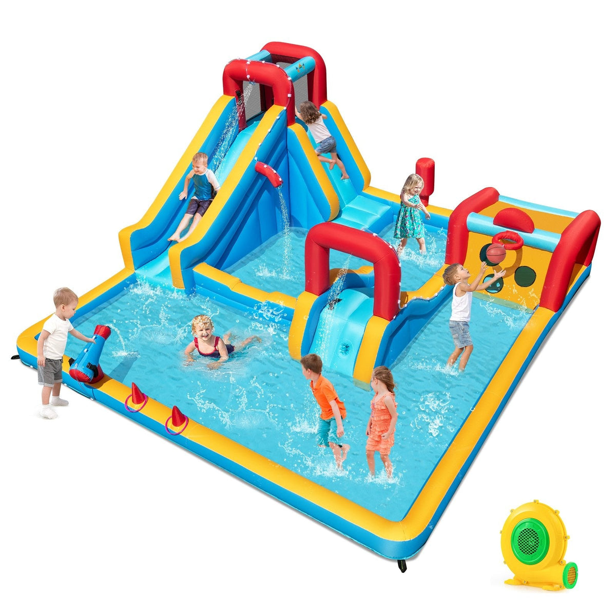 Giant Inflatable Water Park with Boxing Post, Climbing Wall and 680W Blower, Ages 3 to 12