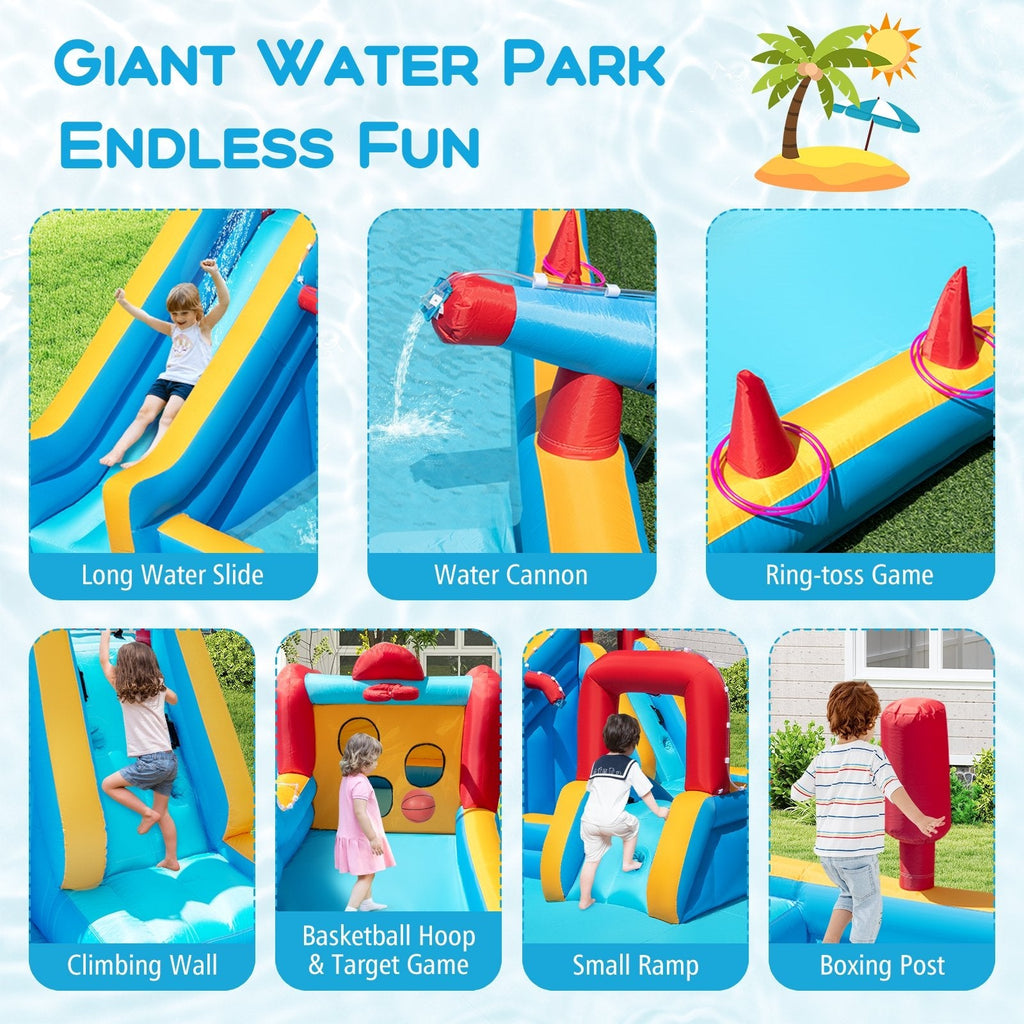 Giant Inflatable Water Park with Boxing Post, Climbing Wall and 680W Blower, Ages 3 to 12