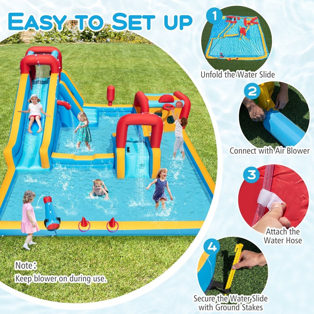 Giant Inflatable Water Park with Boxing Post, Climbing Wall and 680W Blower, Ages 3 to 12