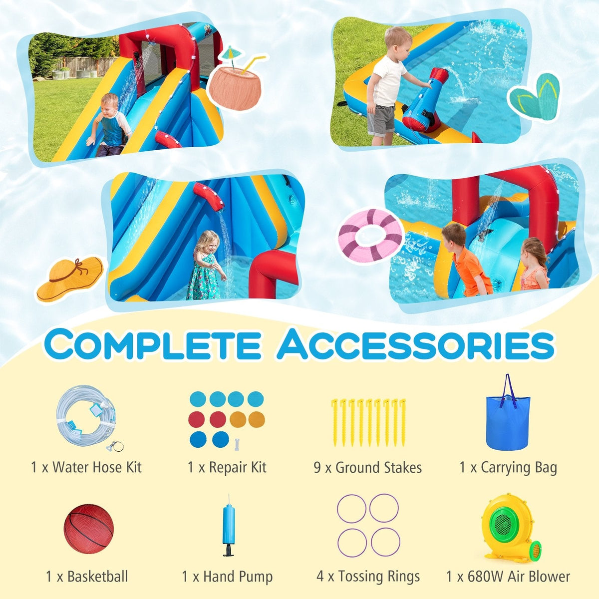 Giant Inflatable Water Park with Boxing Post, Climbing Wall and 680W Blower, Ages 3 to 12