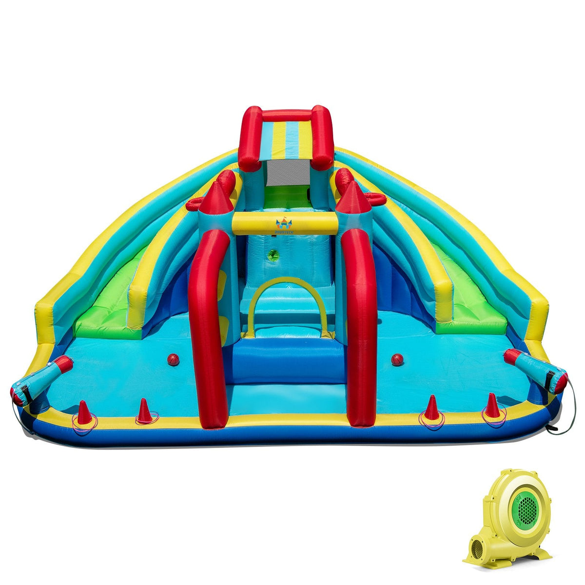 Double Water Slide Park with Two Obstacles, Basketball Hoops and 735W Blower, Ages 3 to 12