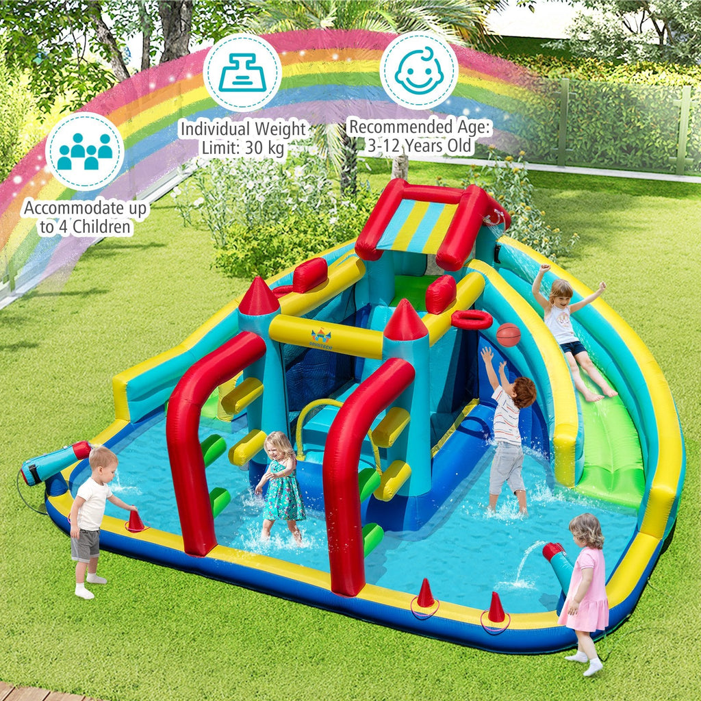 Double Water Slide Park with Two Obstacles, Basketball Hoops and 735W Blower, Ages 3 to 12
