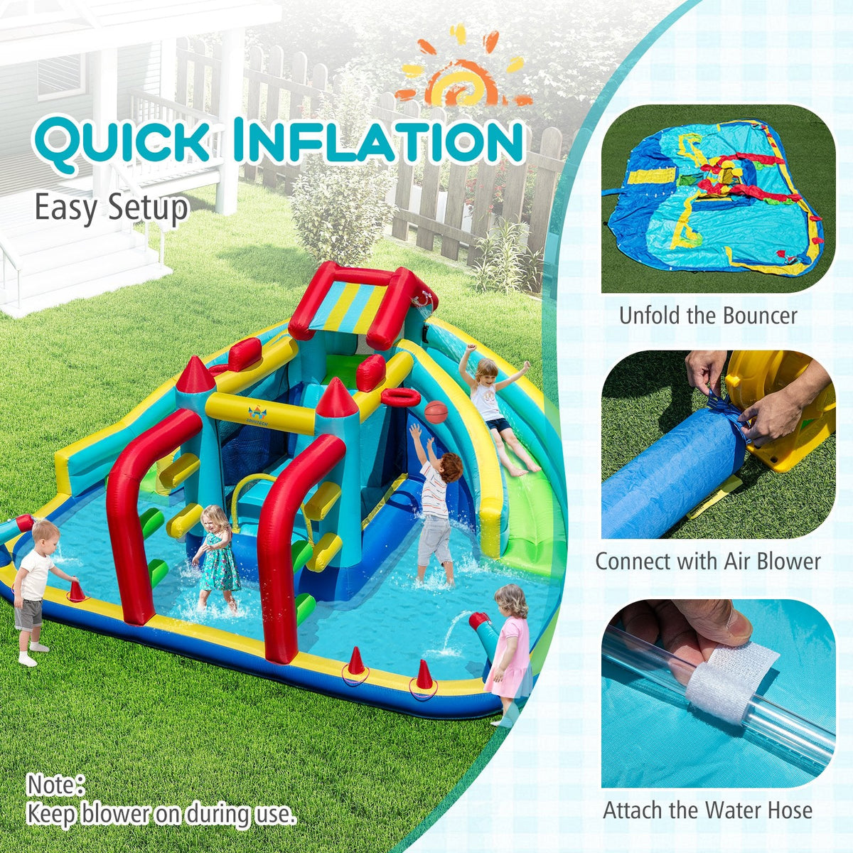 Double Water Slide Park with Two Obstacles, Basketball Hoops and 735W Blower, Ages 3 to 12