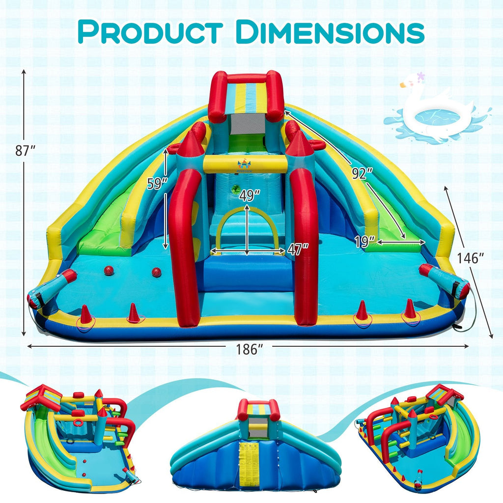 Double Water Slide Park with Two Obstacles, Basketball Hoops and 735W Blower, Ages 3 to 12