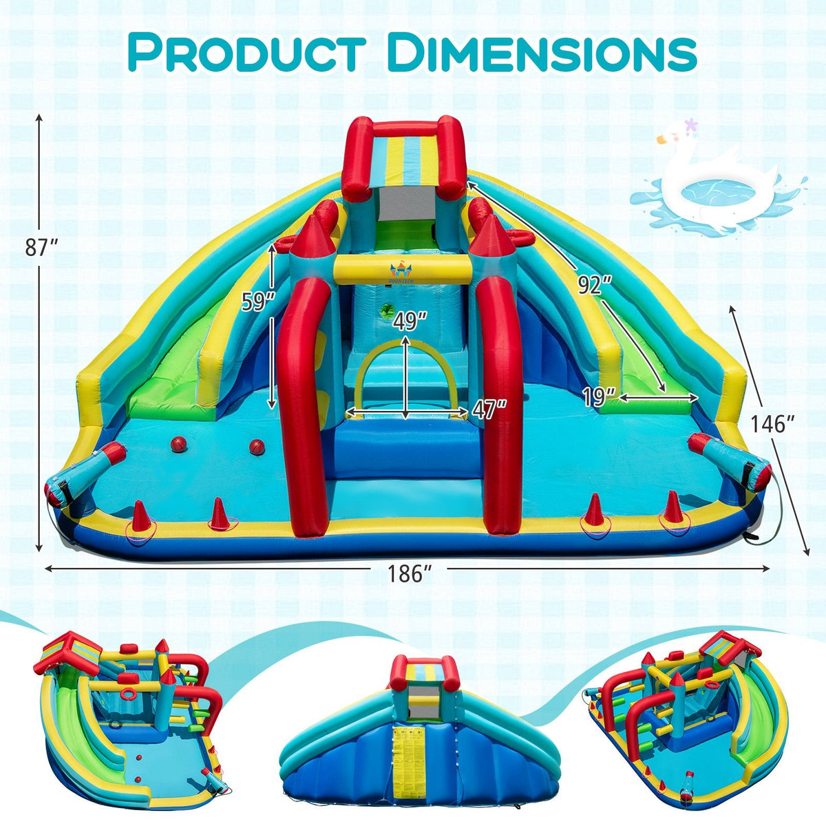 Double Water Slide Park with Two Obstacles, Basketball Hoops and 735W Blower, Ages 3 to 12
