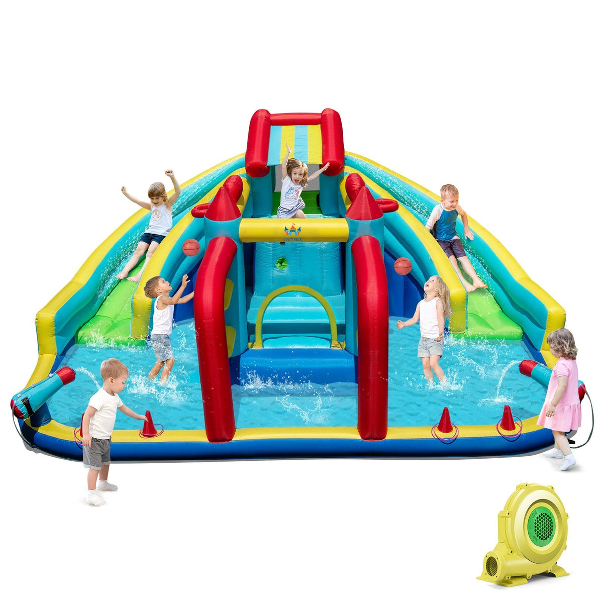 Double Water Slide Park with Two Obstacles, Basketball Hoops and 735W Blower, Ages 3 to 12