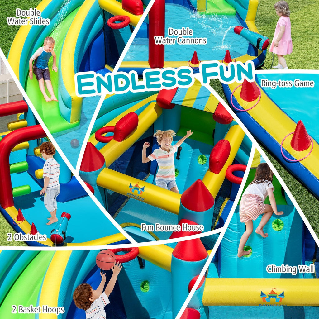 Double Water Slide Park with Two Obstacles, Basketball Hoops and 735W Blower, Ages 3 to 12