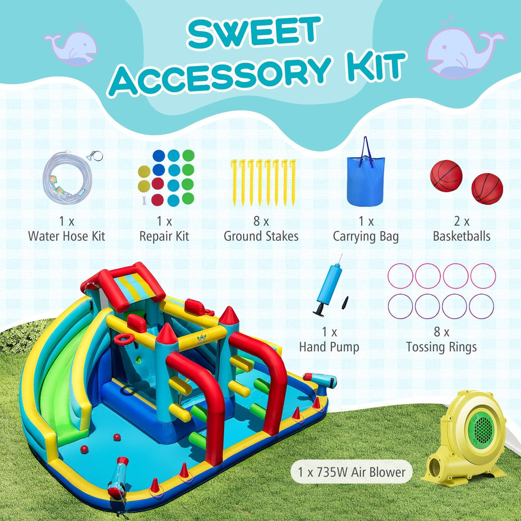 Double Water Slide Park with Two Obstacles, Basketball Hoops and 735W Blower, Ages 3 to 12