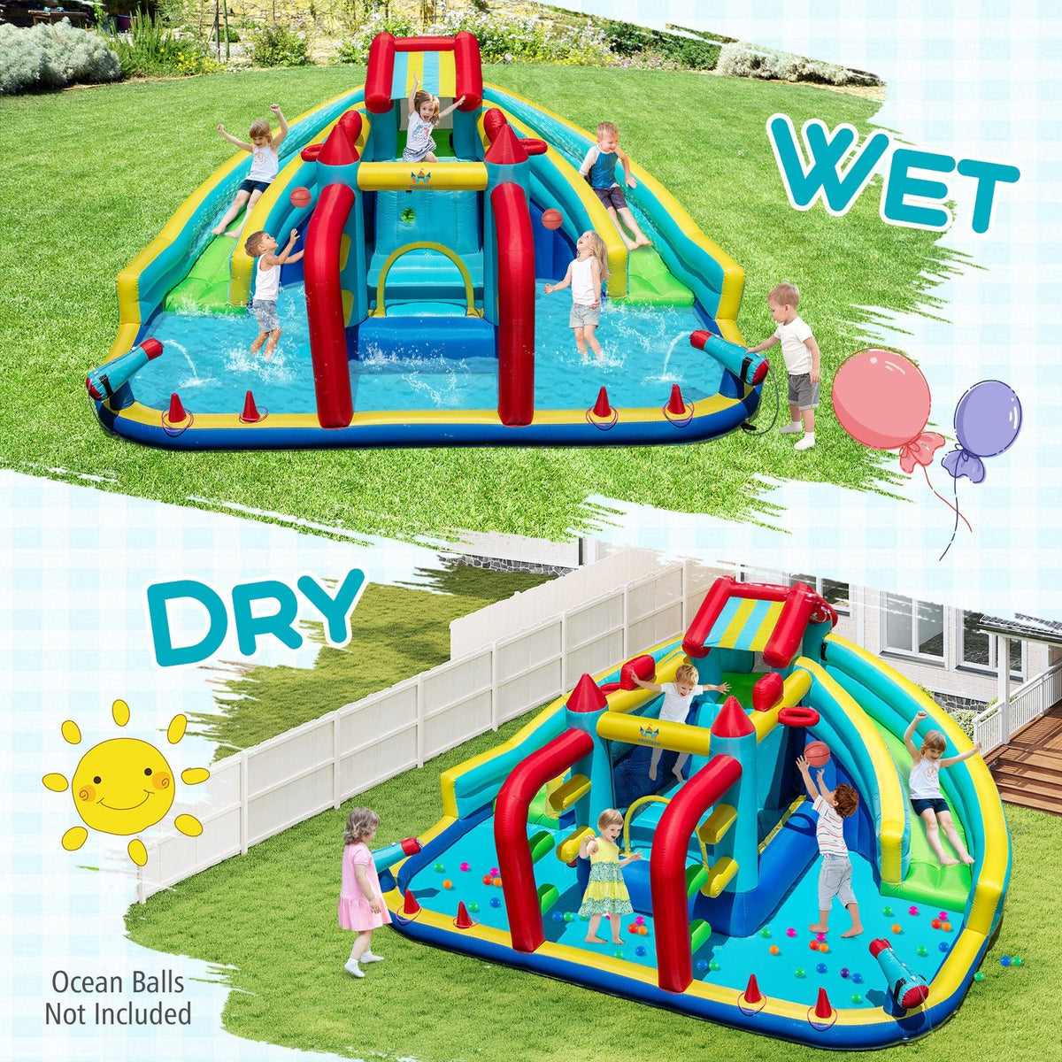 Double Water Slide Park with Two Obstacles, Basketball Hoops and 735W Blower, Ages 3 to 12