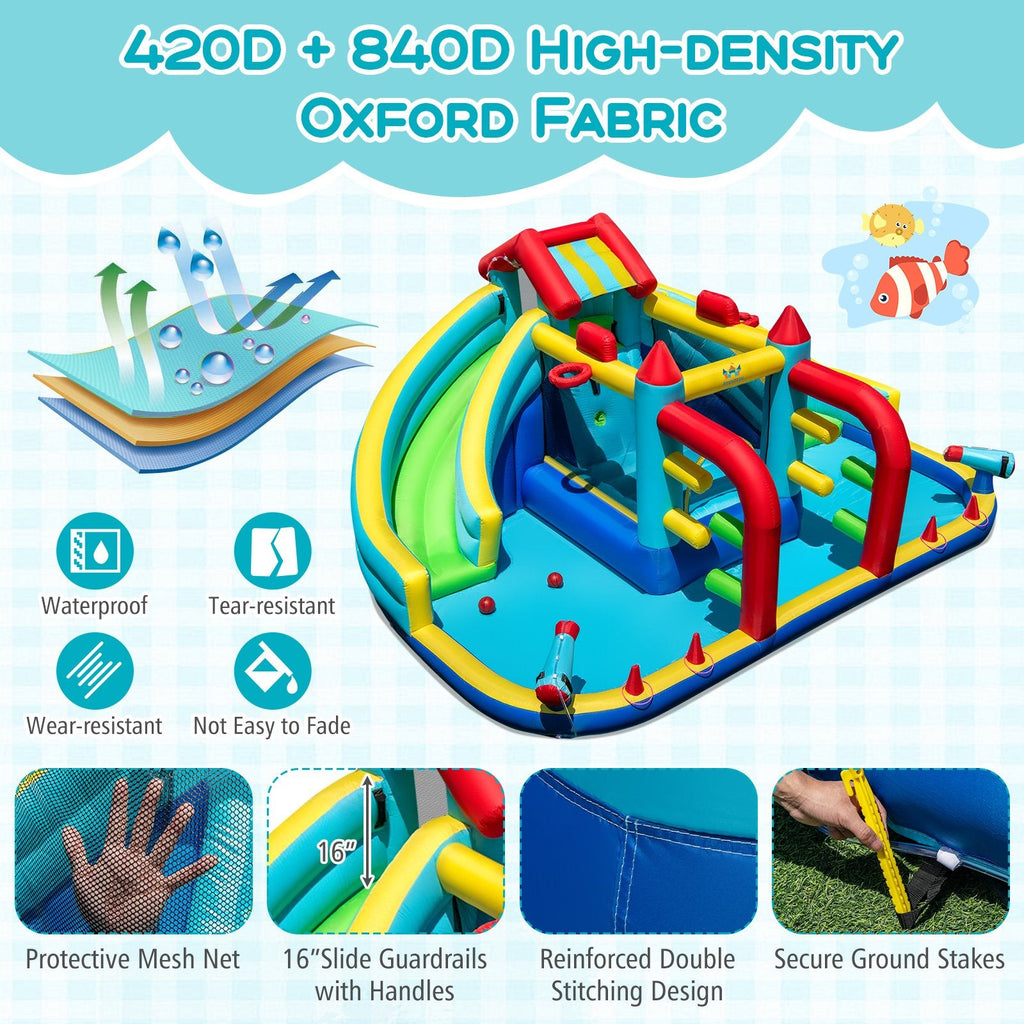 Double Water Slide Park with Two Obstacles, Basketball Hoops and 735W Blower, Ages 3 to 12