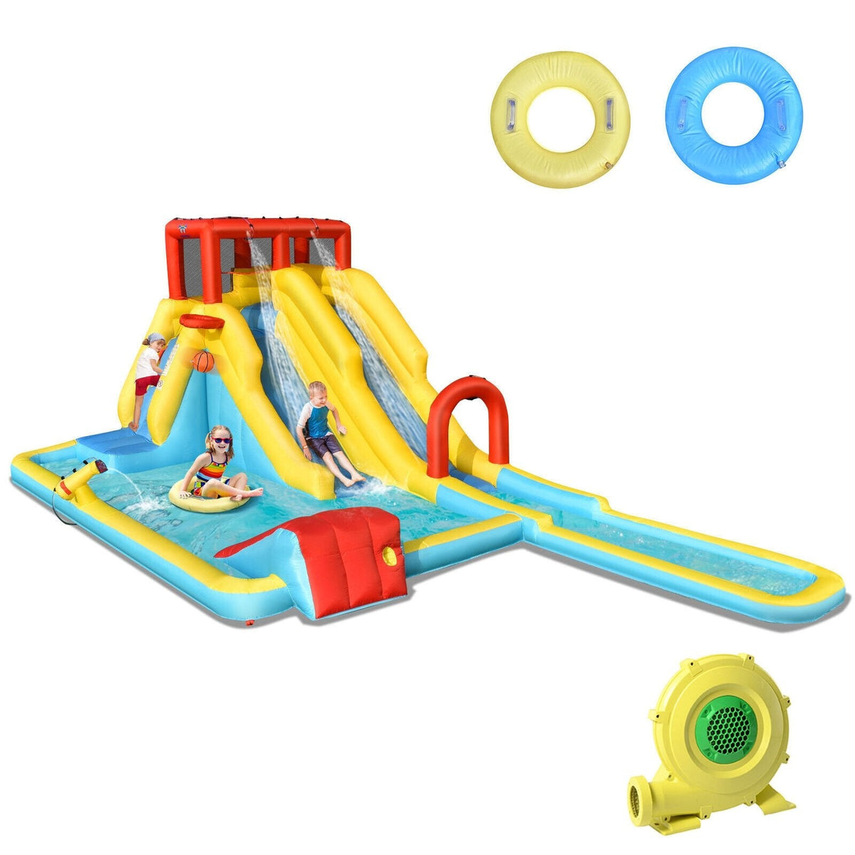 Dual Slide Inflatable Water Park with 245 in Runout Lane, Rings and 735W Blower