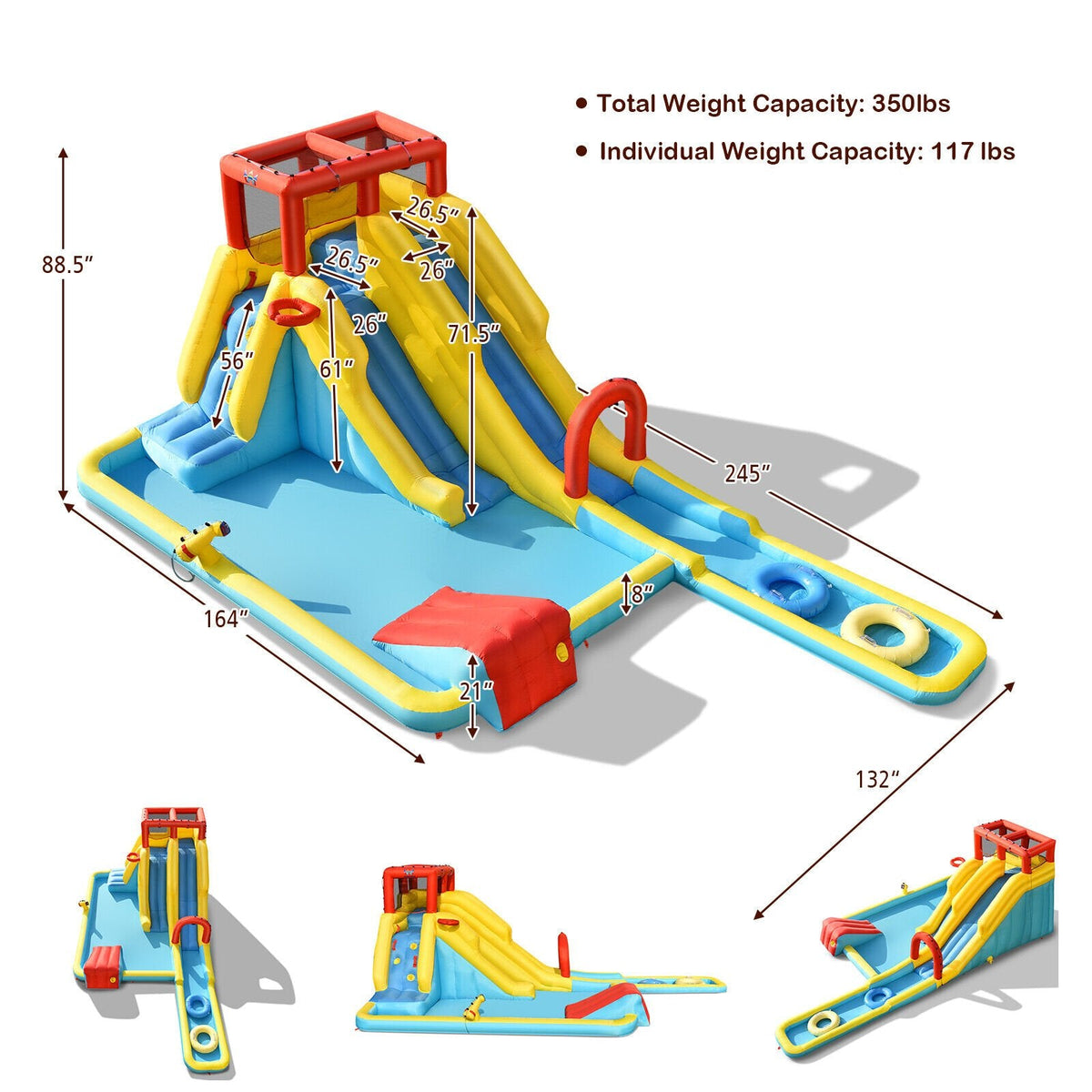 Dual Slide Inflatable Water Park with 245 in Runout Lane, Rings and 735W Blower