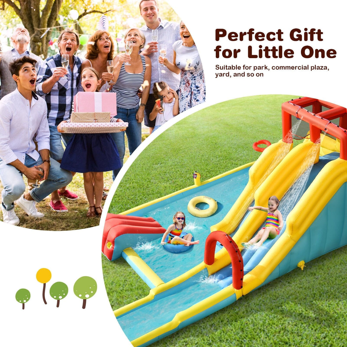 Dual Slide Inflatable Water Park with 245 in Runout Lane, Rings and 735W Blower